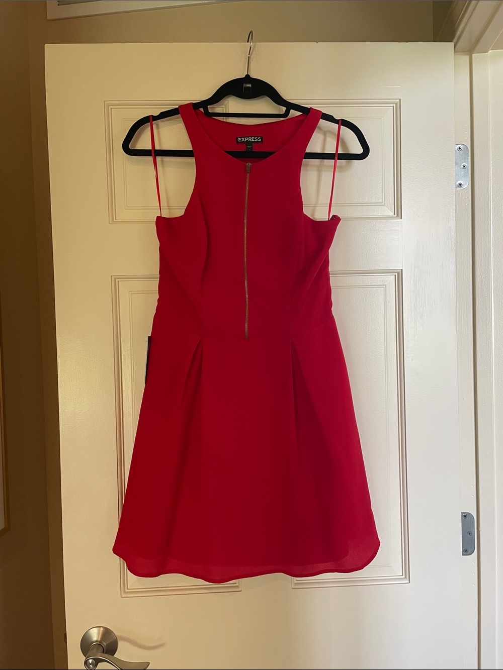 Express Red Sleeveless Fit-and-Flare Mini Dress with Front Zip